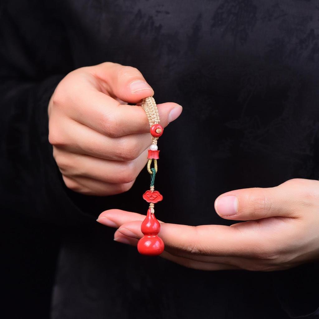 Exquisite Auspicious Clouds Gourd Keychain with Tassel - Cinnabar Bag Charm for Fortune & Longevity