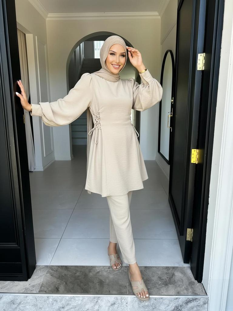 Women's Solid Color Two-Piece Set: Fashionable Top & Pants for Middle Eastern Style
