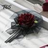Formal Suit Dress Floral Decor Black Burgundy Rose Tulle Mesh Corsage for Bridal Groom, Gothic Retro Style Wedding Guest Boutonniere Artificial Flower