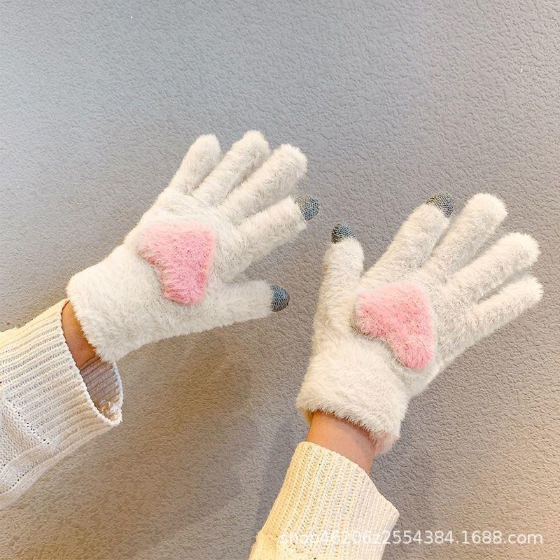 New plush love outdoor five fingers cute knitted windproof girl cold