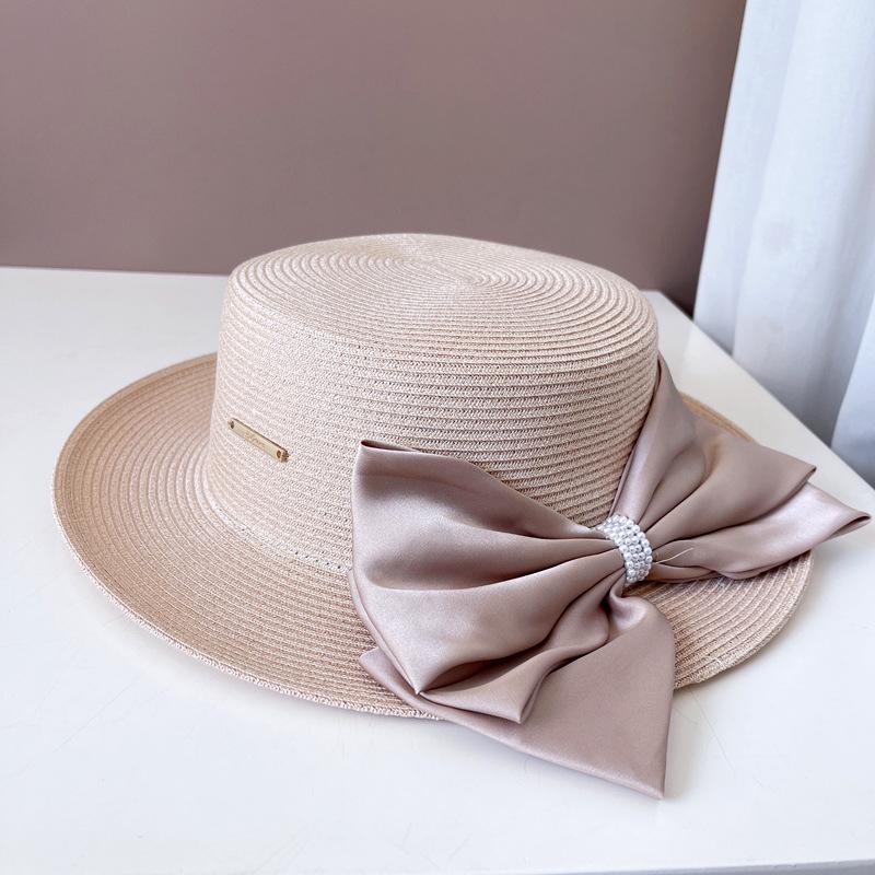 Ins Chic Summer Pearl Big Bowknot Grass Holiday Panama Lady Fedoras Cap Women Leisure Jazz Hat