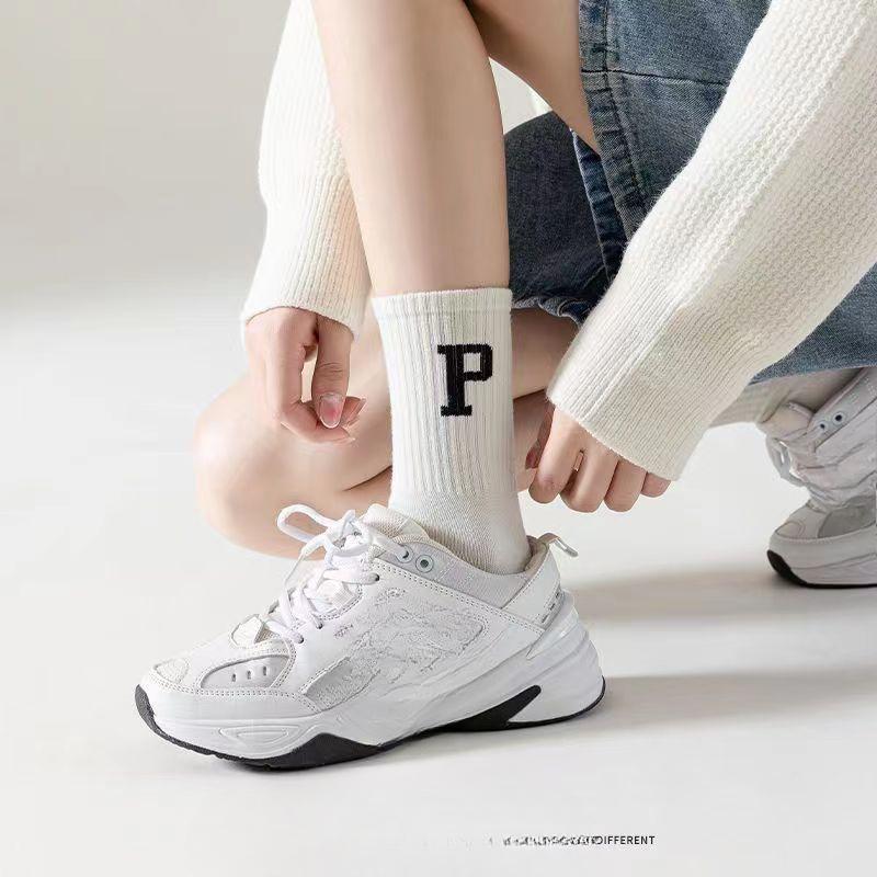 5 Pairs of Trendy Socks, Striped Letter PT Mid-calf Socks, Women's Breathable and Sweat-absorbing Cotton Socks