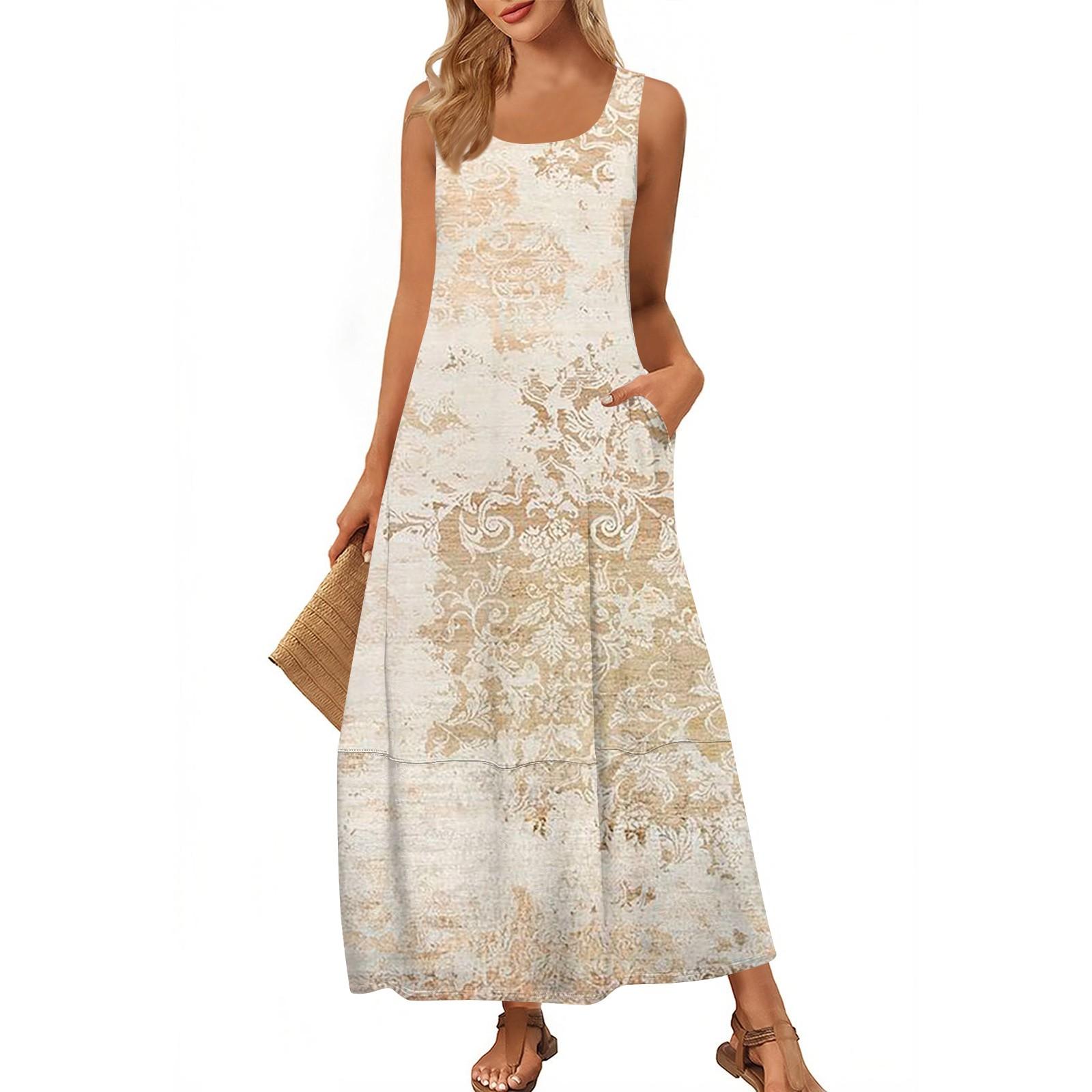 

Жіноча модна повсякденна довга спідниця Літня пляжна спідниця з круглим вирізом без рукавів Вільний вінтажний сарафан з принтом XL жовтий