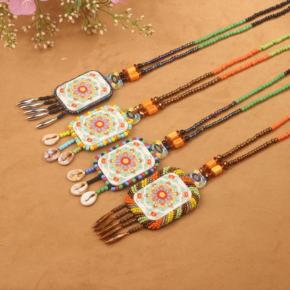 Bohemian Ethnic Long Sweater Chain Necklace for Women, Handmade Woven Retro Tassel Pendant