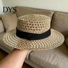 Elegant Vintage Sun Hat Women Straw Hat, with Satin Ribbon Decor, Wide Brim Foldable Travel Beach Breathable Flat Top for Summer Vacation Cap