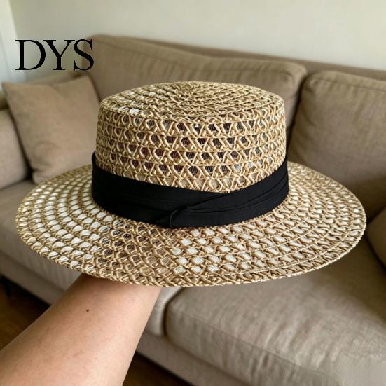 Elegant Vintage Sun Hat Women Straw Hat, with Satin Ribbon Decor, Wide Brim Foldable Travel Beach Breathable Flat Top for Summer Vacation Cap