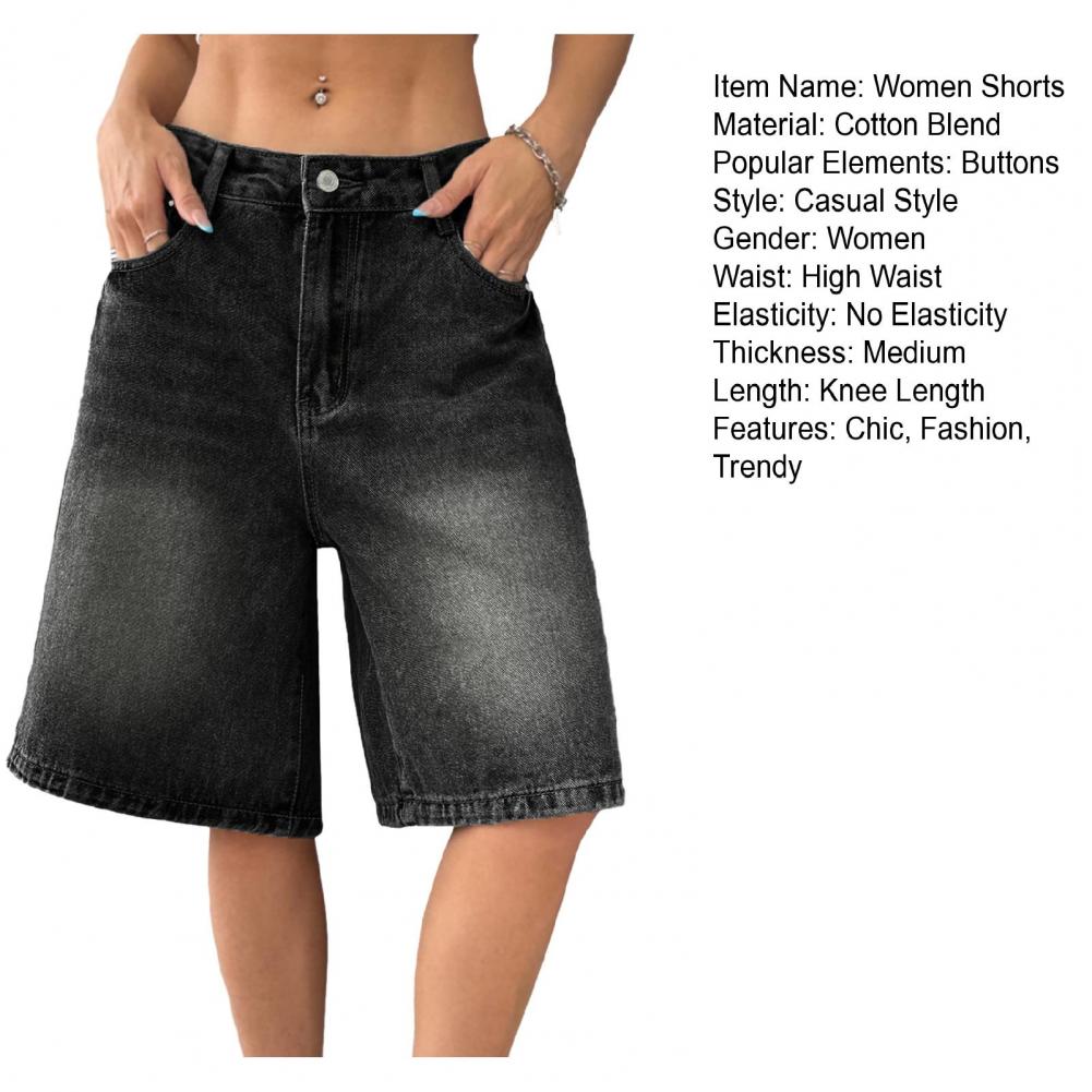 Summer Women's Denim Shorts High Waist Knee Length Loose Pants Wide Leg Loose Denim Shorts with Pockets