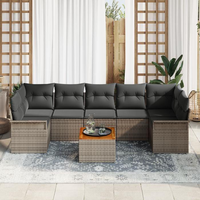 VidaXL Canapé de jardin 8 pièces avec coussins gris poly rattan acacia 3347293
