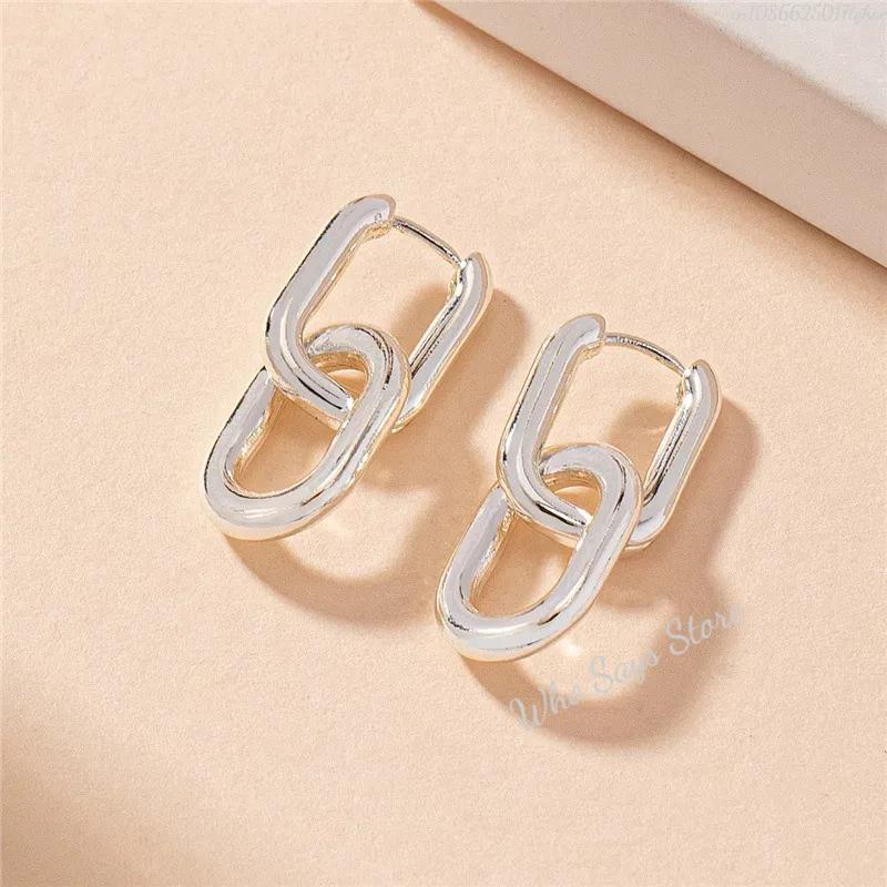 Retro Double Loop Design Drop Earrings Gold Silver Color Geometric Round Earrings for Women Girls Punk Hip Hop Fashion Jewelry