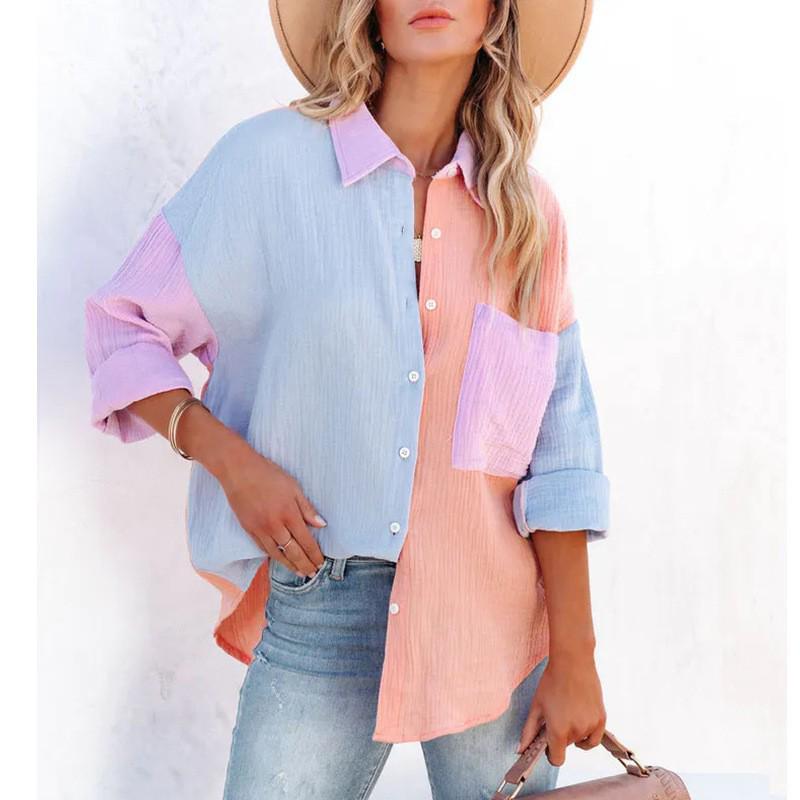 Women's Cotton Linen Color Block Loose Fit Long-sleeved Shirt - Elegant Drop Shoulder Design