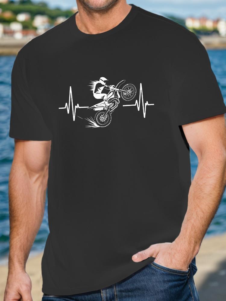 Motocross-Fahrer Grafik mit EKG-Design 100% Baumwolle Sommer Freizeit Rundhals Kurzarm Bedrucktes Herren T-Shirt