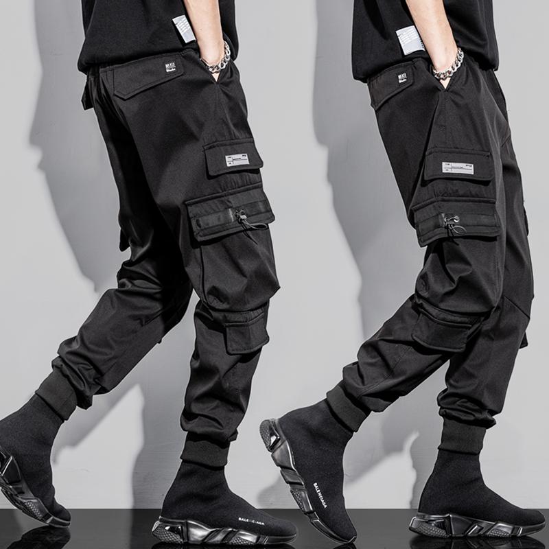IELGY Men's Black Cargo Pants Multi-pocket Functional Wind Hip Hop Trend Loose