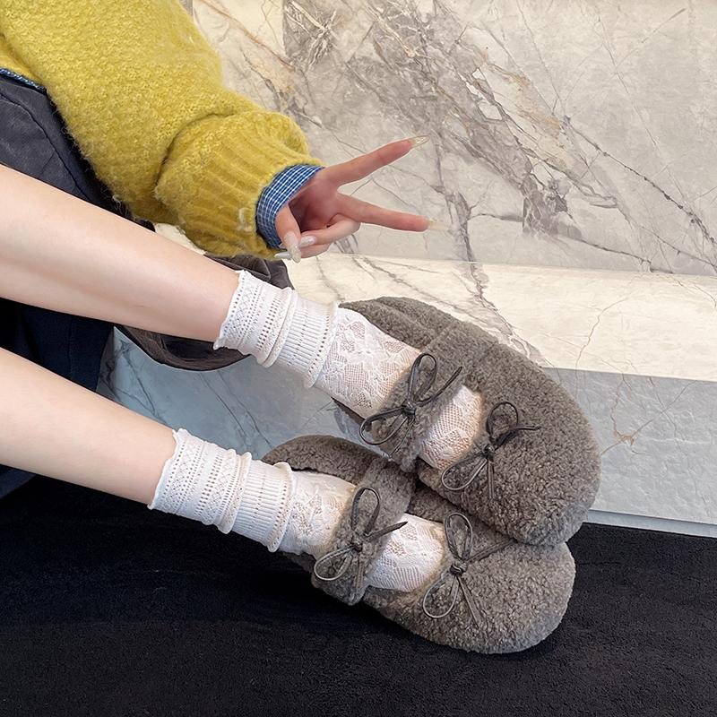 Women Fur Flats Shoes Bow Suede Casual New Loafers Fashion 2026 Fashion Trend Winter Short Plush Walking Shoes Woman Shoes