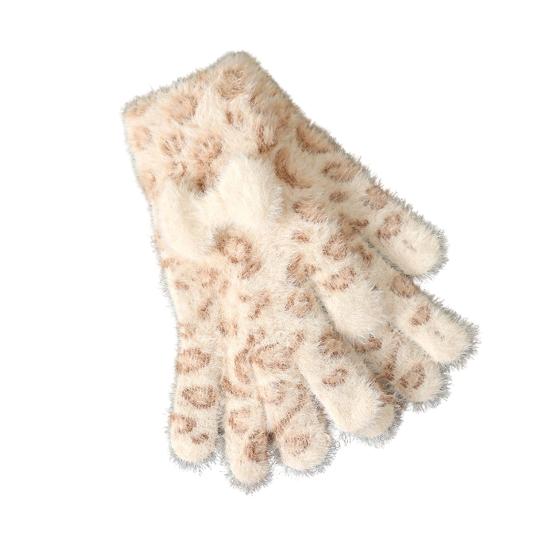 1 Pair Knitted Gloves Leopard Print Plush Warm Winter Gloves with Tie-Dye Color Bow Decoration Touchscreen Gloves