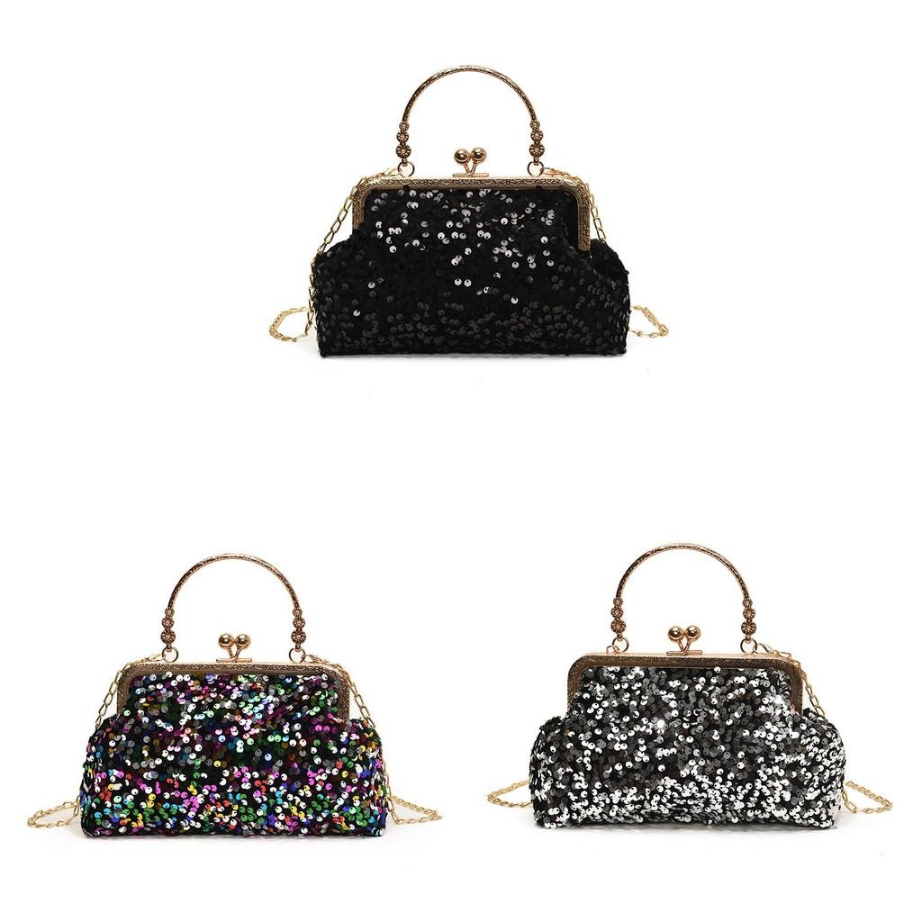 Sequin Evening Bag For Women With Chain Strap And Lock Closure For Party And Night Out