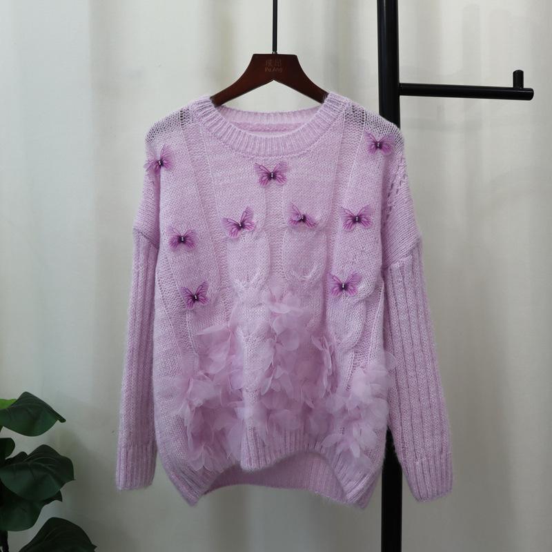 Autumn New Sweet Heavy Industry Butterfly Flower Design Sweater Pullover Soft Waxy Gentle Knitted Sweater Top Women