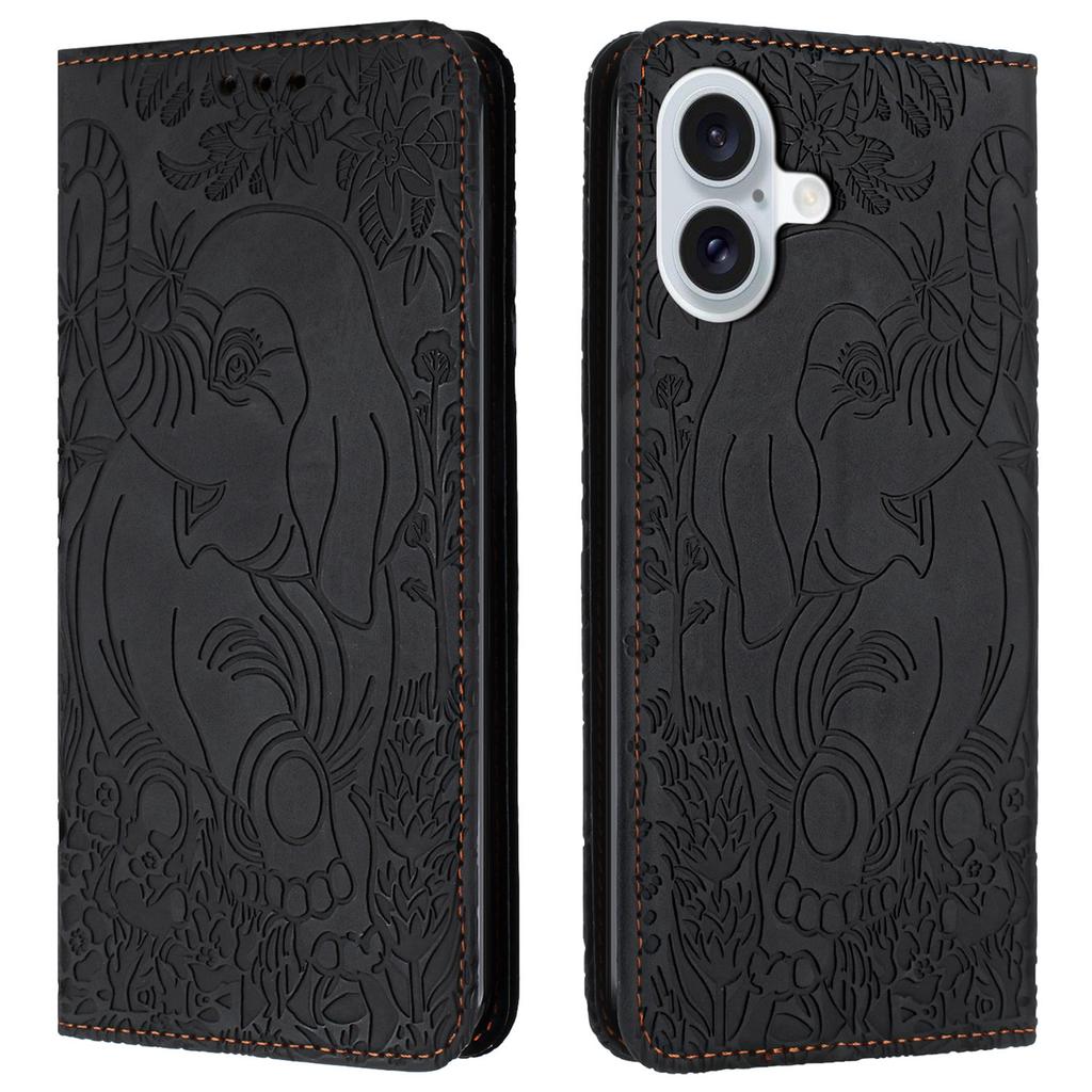 For iPhone 16 Plus Case PU Leather Wallet Phone Cover Elephant Pattern