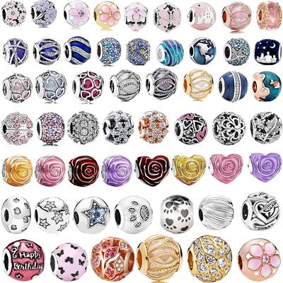Pink Rose Bloom Heart Bead Sparkling Round Charm Fits 925 Silver Bracelet DIY Jewelry