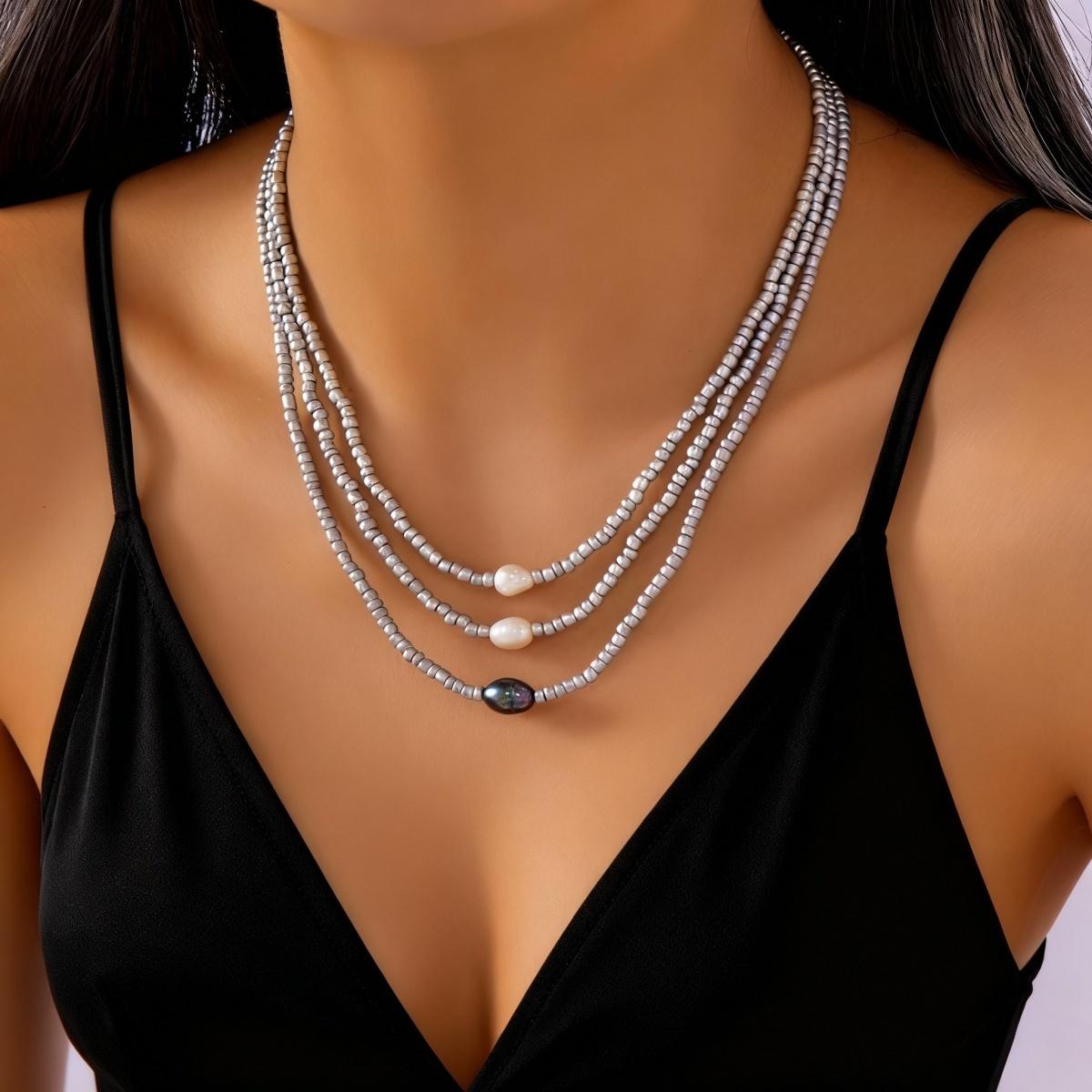 

Minimalist Irregular Imitation Pearl Gray Rice Beaded Necklace Dainty Multilayer Pearl Bead Stacked Choker For Women Men Zircon