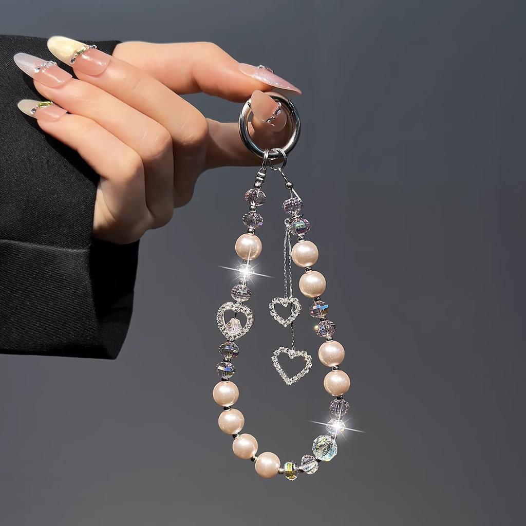 Premium Love Light Luxury Crystal Mobile Phone Lanyard Beaded Short Rope Pearl Wrist Women's Bag Pendant Glazed Diamond Hand Chain