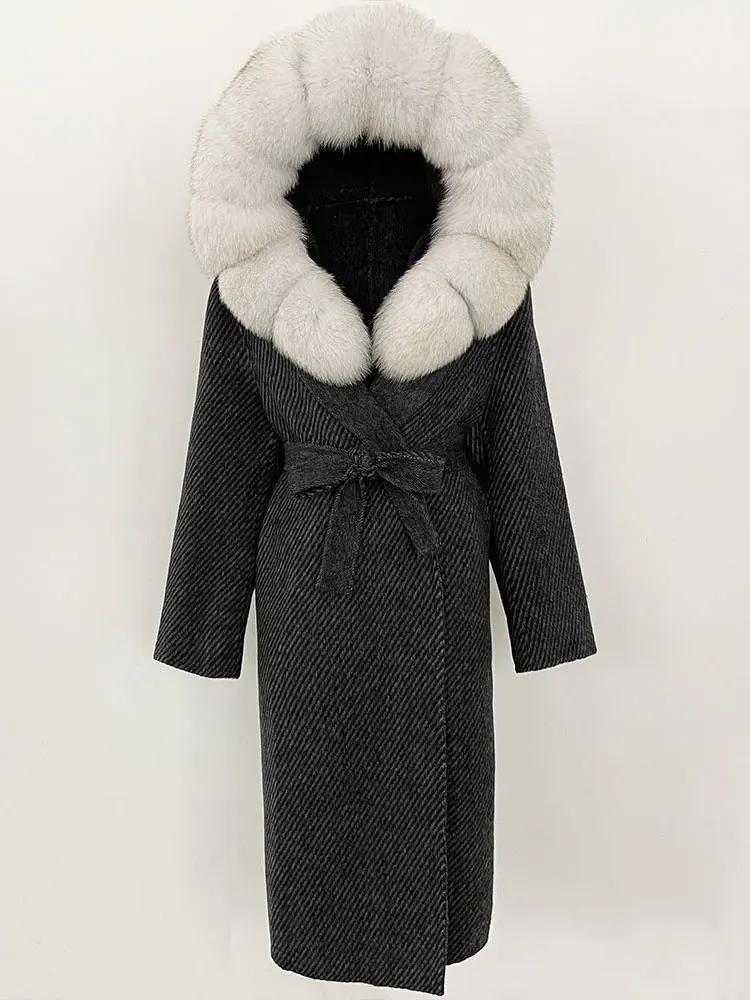 OFTBUY Winter Women Coat Real Natural Fox Fur Hooded Detachable Collar Double-faced Woolen Jacket Long Casual Elegant Overwears