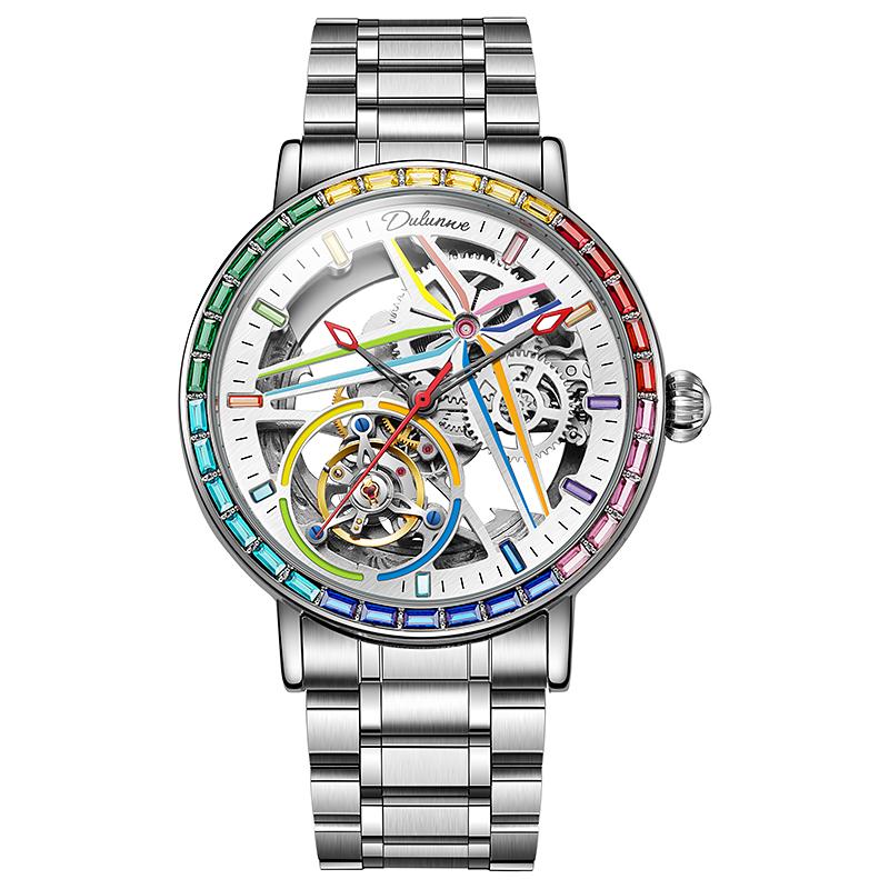 Dulunwe Regenbogenfarbene Edelstein-Tourbillon-Mode-Skelettuhr für Herren, wasserdicht bis 30 m, Sportuhren, luxuriöse automatische mechanische Armbanduhr