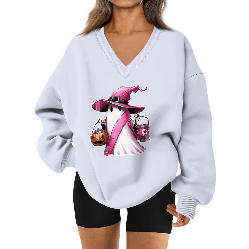 Women's V-neck Dropped Shoulder Halloween Print Sports Sweatshirt Top