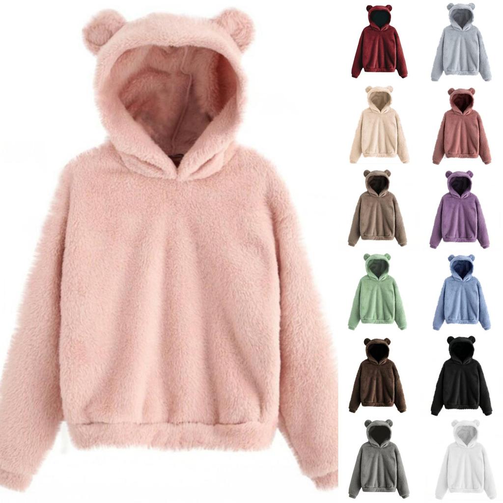 Women's Plush Hooded Sweater with Ears Warm Pullover for Casual Winter Wear