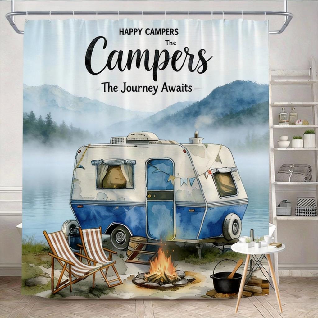 Vintage Camper Shower Curtain 180x180cm – Happy Campers, Machine Washable, 12 Hooks Bath decorative shower curtain