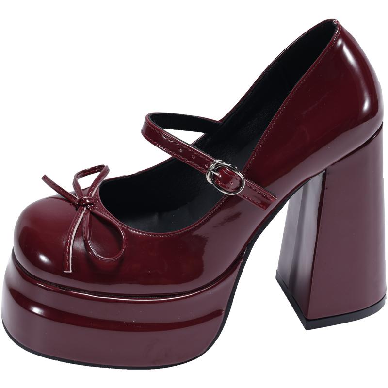 Fashion Super High Heel Mary Jane Shoes Women's Retro Round Toe Shallow Mouth Bow Platform One Strap Block Heel Single Shoes