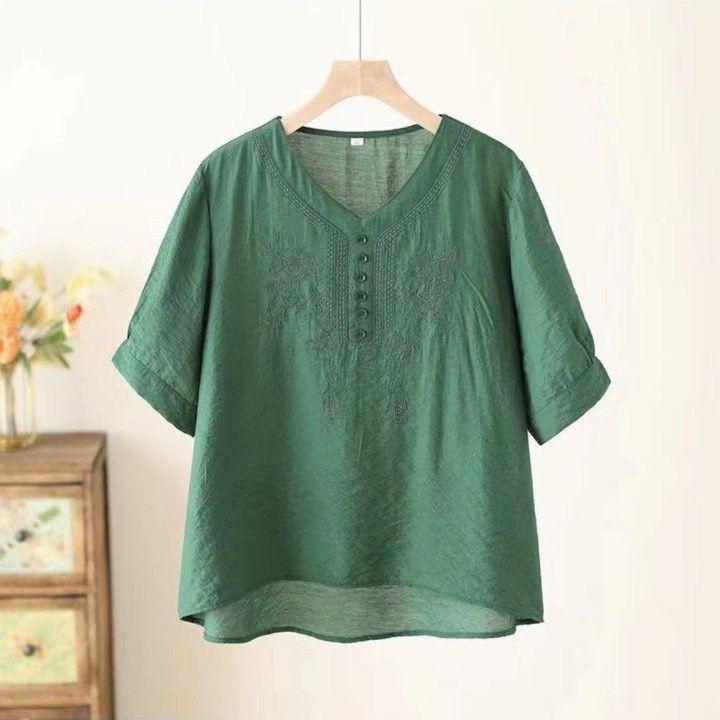 Women's Tencel Linen Embroidered Short-Sleeve Top & Pants Set for Summer - Middle-Aged Mother's Style.