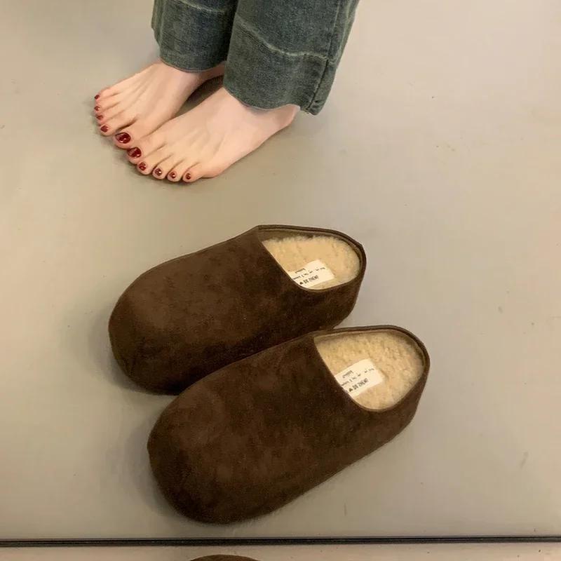 Winter Short Plush Women Mules Slippers Casual Shallow Slip On Ladies Comfort Outdoor Platform Flats House Cotton Shoes