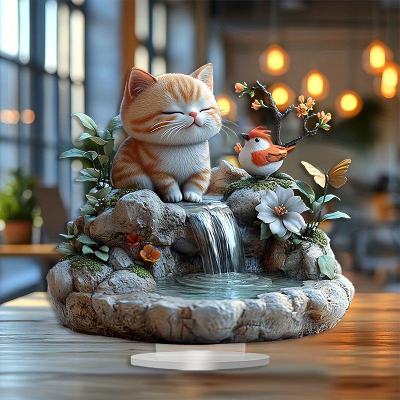 Little Cat and Hummingbird Statue, Floral Accents, Studio, Cafe, room, Table Ornament Desktop Decor Gift, Nurseries, Home Desk Living Room Decoration