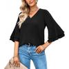 Womens Loose V-Neck Ruffle Sleeve Casual Top - Solid Color Breathable Stretch Fabric Short Blouse Daily Wear