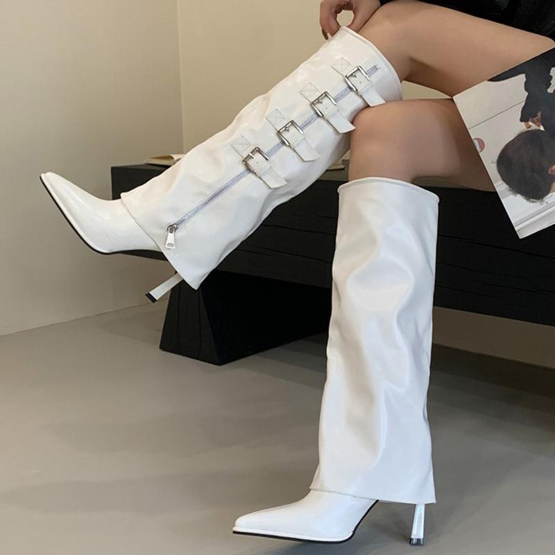 Eilyken Design Belt Buckle Knee High Boots Women Winter Sexy Thin Heels Pointed Toe Zipper Stripper Shoes  De Mujer