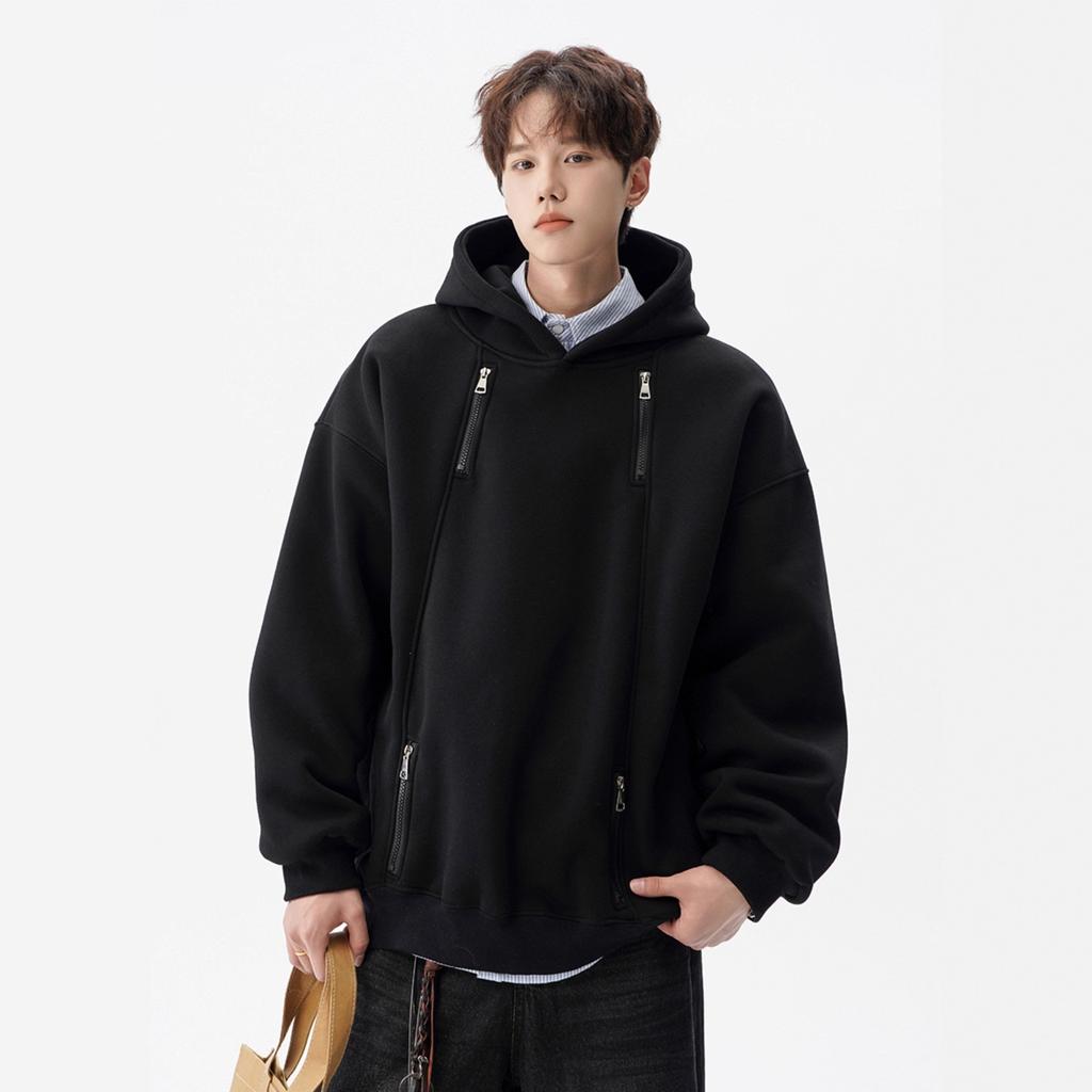 American Heavy Hooded Gray Sweater Men's Trendy High Street Double Zipper Design Sense Loose Versatile Hoodie Jacket
