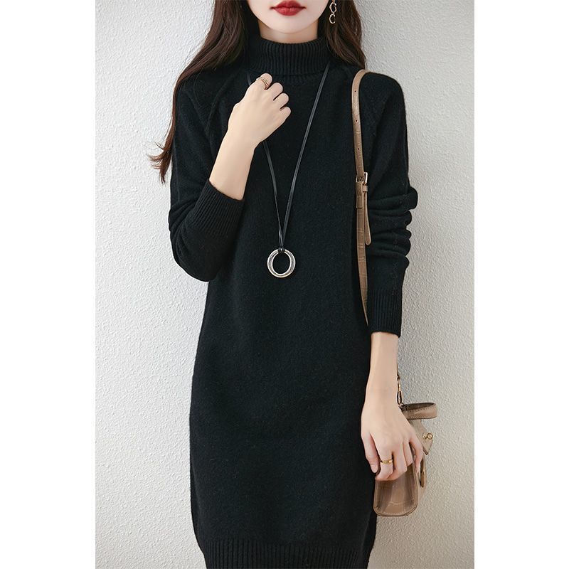 Pile collar warm bottom pullover sweater skirt women's autumn and winter new medium and long inner thick knitted sweater dress women