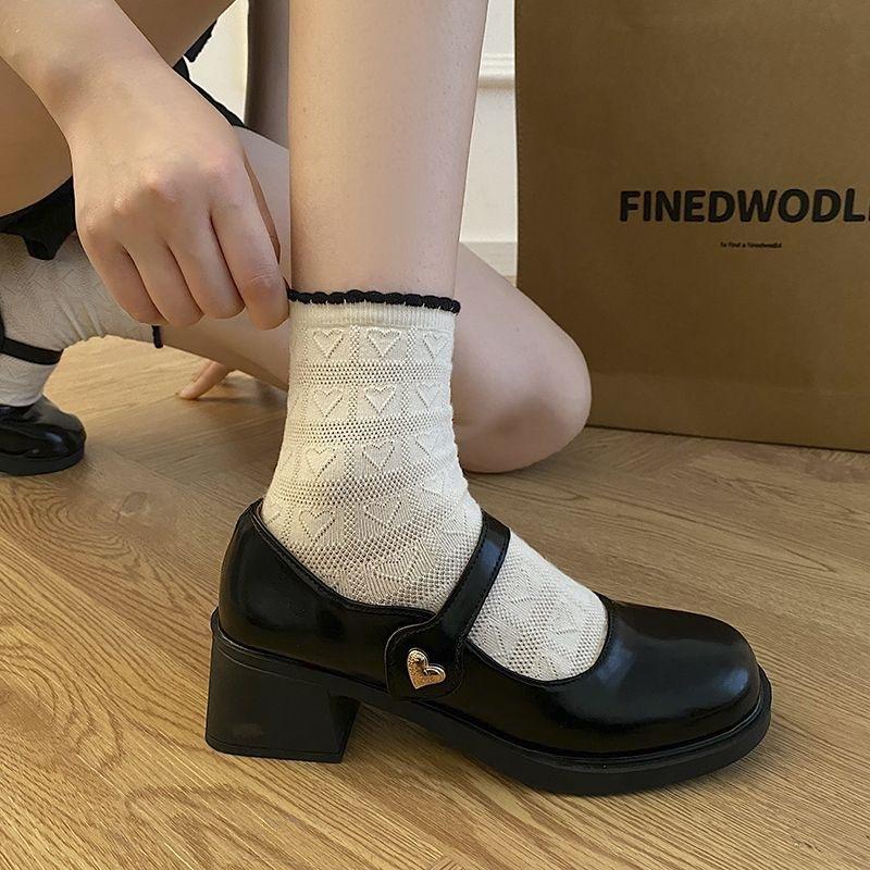2025 new JK small leather shoes women's thick heel with one-word buckle late evening wind high heel single shoes French Mary Jane shoes