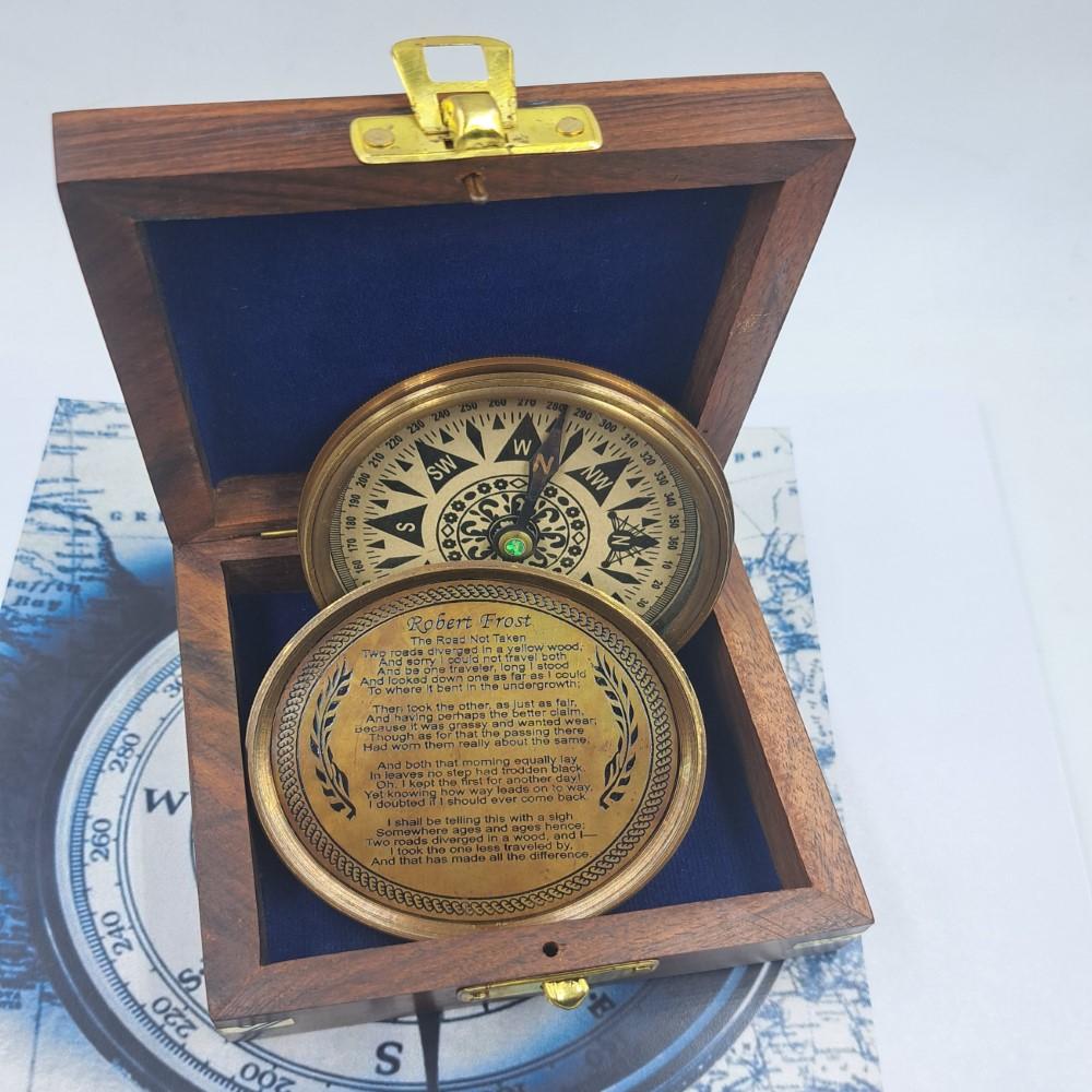 Handmade Brass Compass with Poem | Antique Nautical Compass 7 Cm with Wooden Box