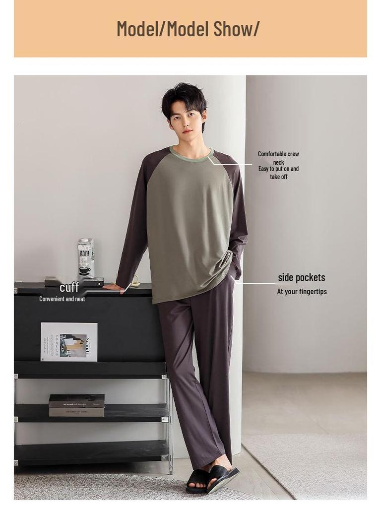 Men's Color Block Modal Pajama Set - Long Sleeve Round Neck for Stylish Spring and Autumn Wear