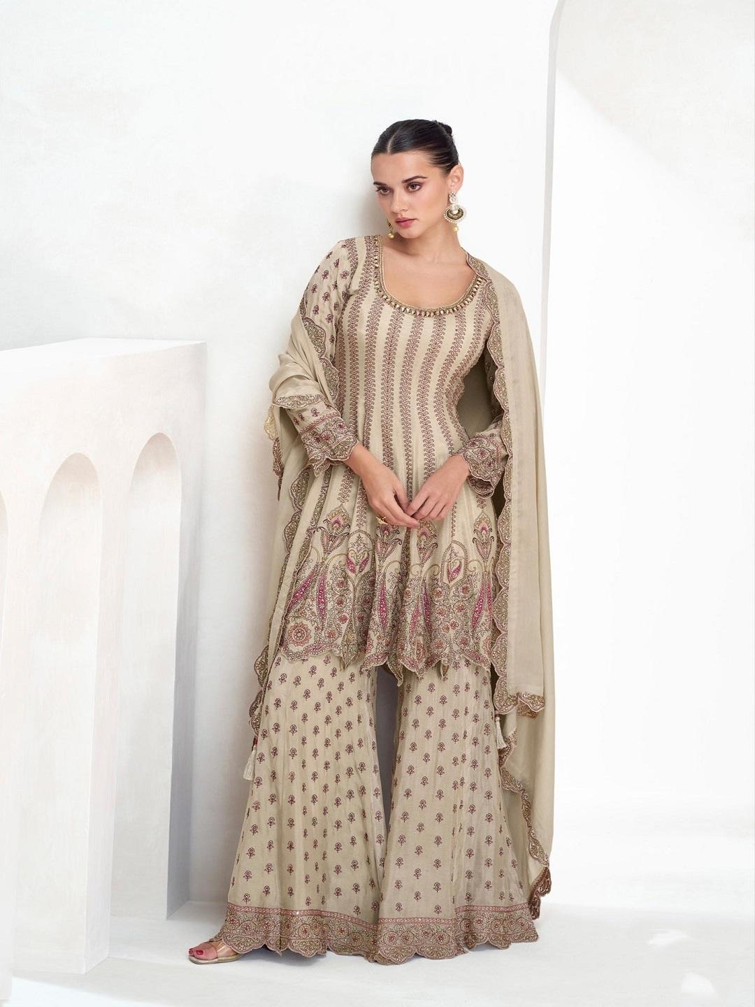 Cream Embroidered Peplum Kurti with Palazzo & Dupatta Set for Women | Designer Pakistani Style Ethnic Party Wear Suit L светло-серый