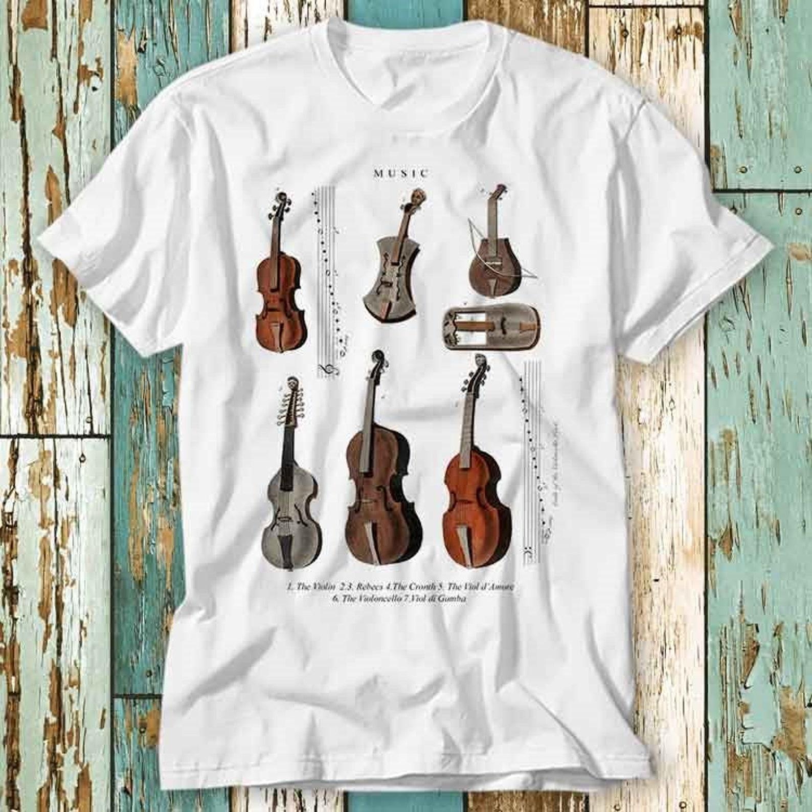Antique Classic Music Instruments Wiki Violin Viola Cello T-Shirt Top Design Unisex Ladies Mens Tee Retro Fashion Vintage Shirt S780 M