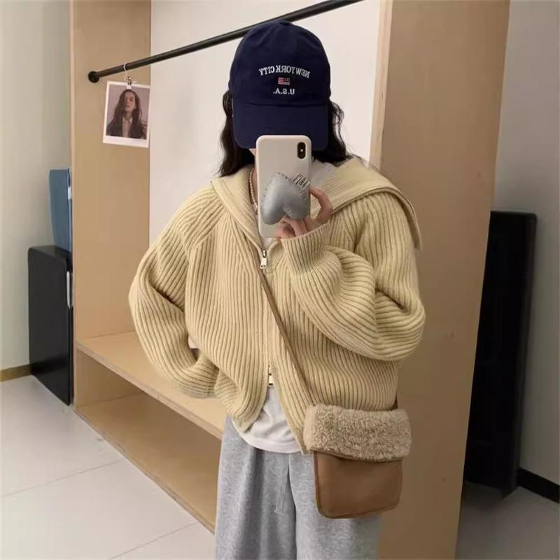 Simple zipper navy collar knitted cardigan women's autumn and winter new niche loose lazy sweater jacket
