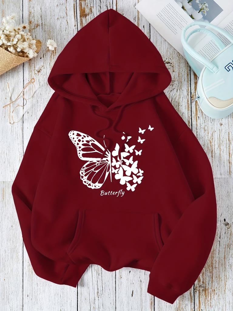2025 Autumn and Winter Women's Butterfly Print Hooded Sweatshirt Long Sleeve Pullover Comfortable Casual Warm Sweatshirt Y2K Top
