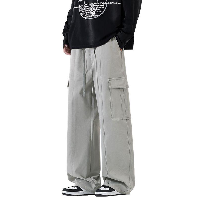 Solid color simple trendy brand splicing tooling casual pants men's trendy loose wide-leg straight elastic waist long pants men