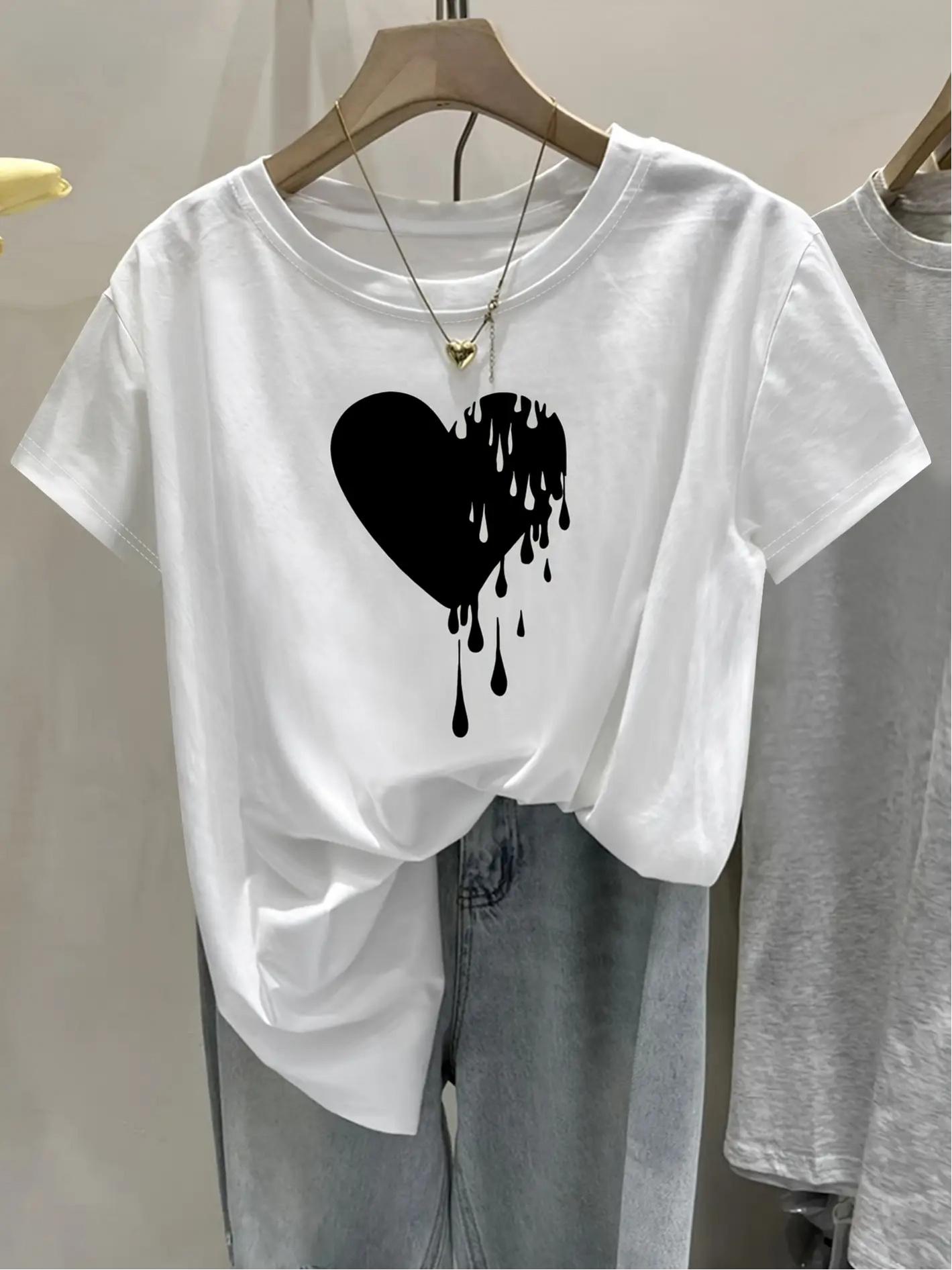 2026 Women Korean Japanese Style White with Black Drip Heart Print Harajuku Short Sleeve Casual Clothing Aesthetic Clothes S
