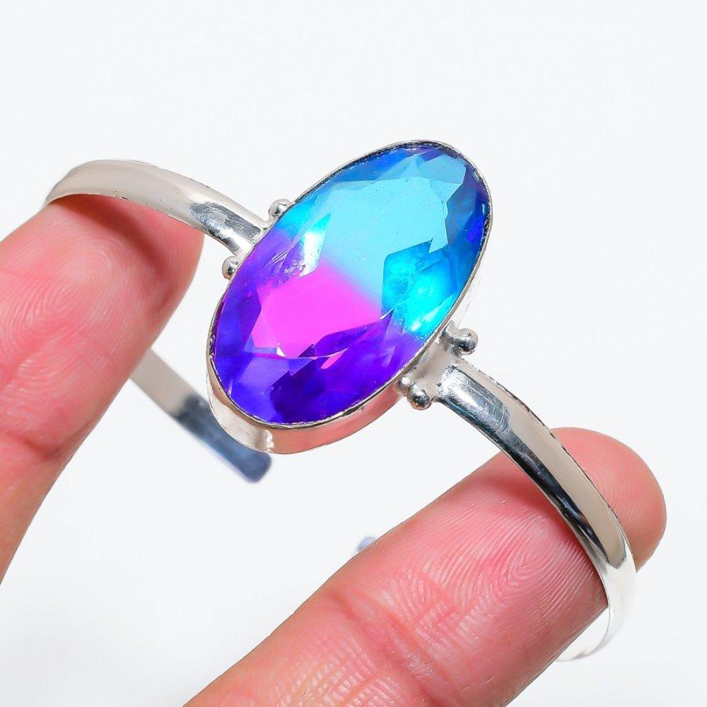 Natural Bi-Color Tourmaline Gemstone 925 Sterling Silver Cuff Bangle Adj. E6I05