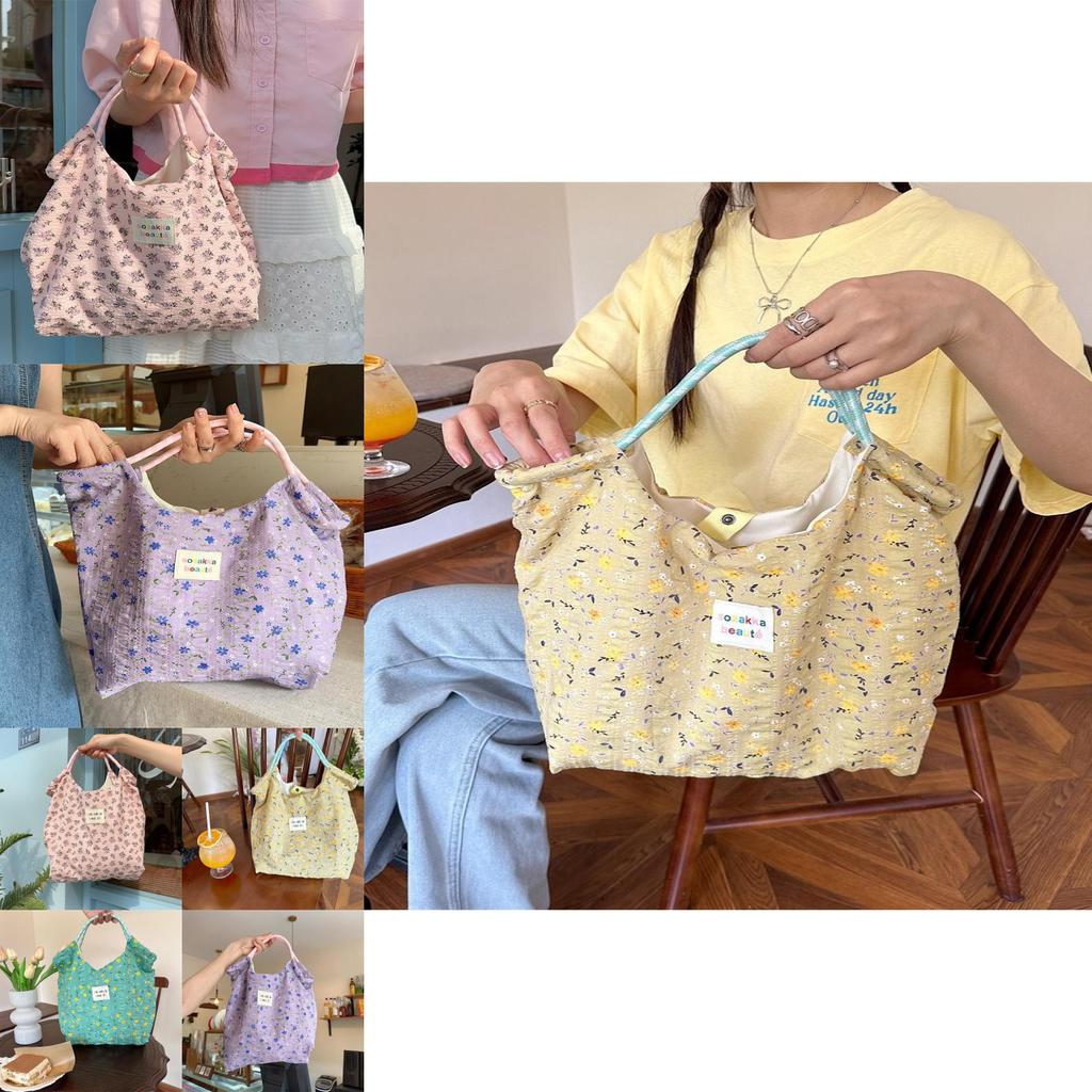 Stylish Korean Floral Print Canvas Tote Bag For Spring Summer With Large Capacity And Soft Design Ideal For Beach And Vacation Activities