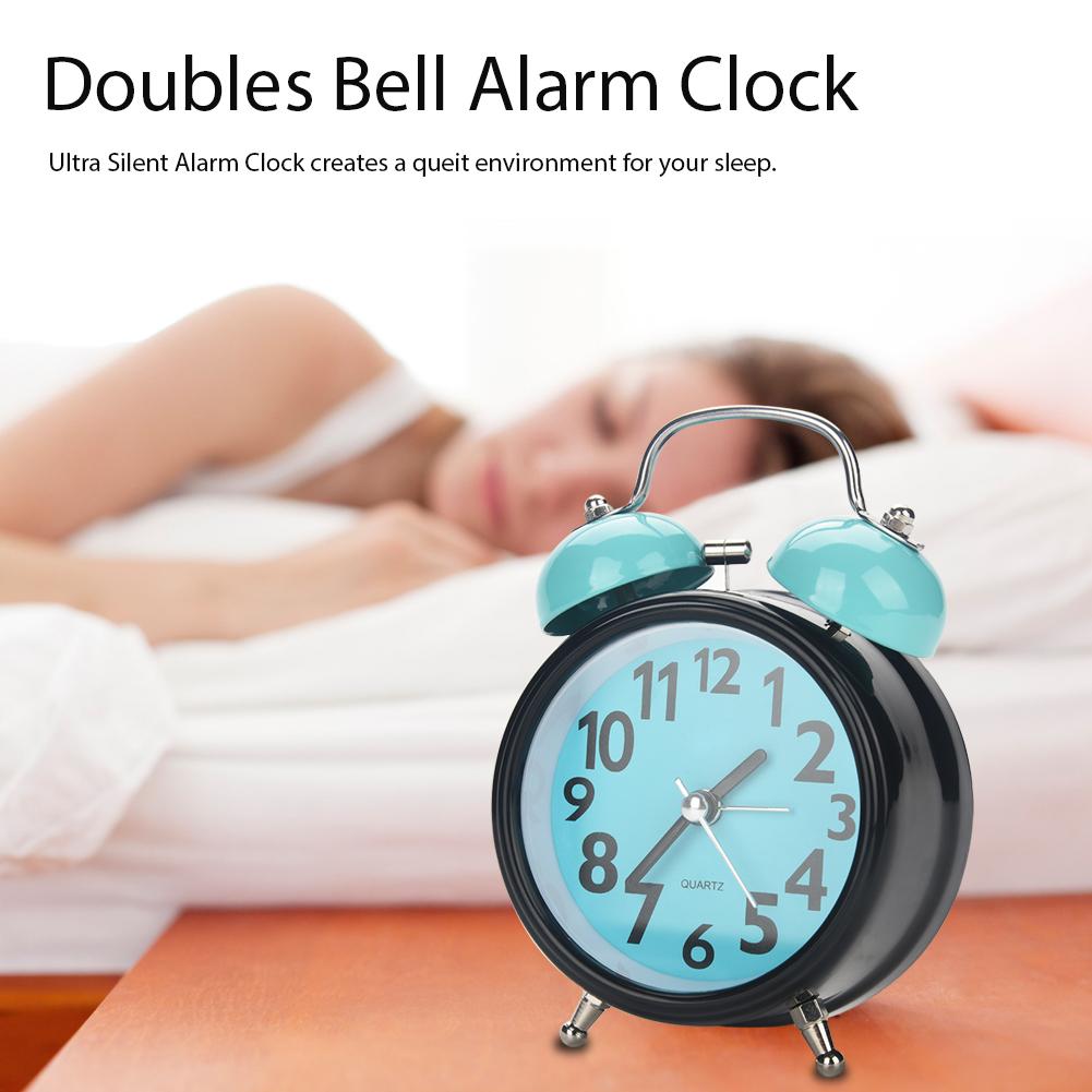 Double Bell Ultra Silent Mechanical Alarm Clock Quartz Movement Desk Table Night Watch(Blue)