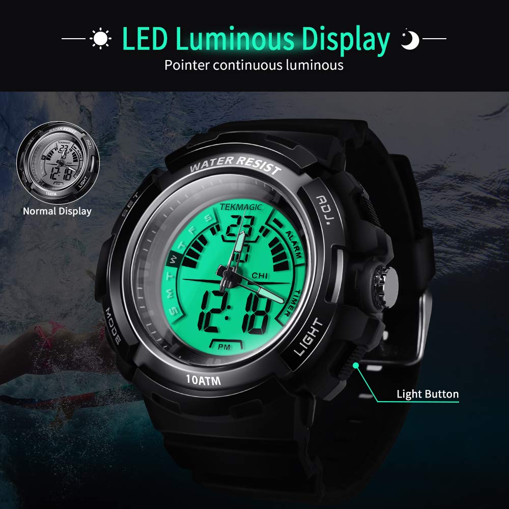 Men’s Multifunction Analog Watch, 10 ATM Waterproof, Ideal for Swimming, Diving, Surfing, with Alarm, Calendar, Stopwatch, Dual Time, 12/24H Display